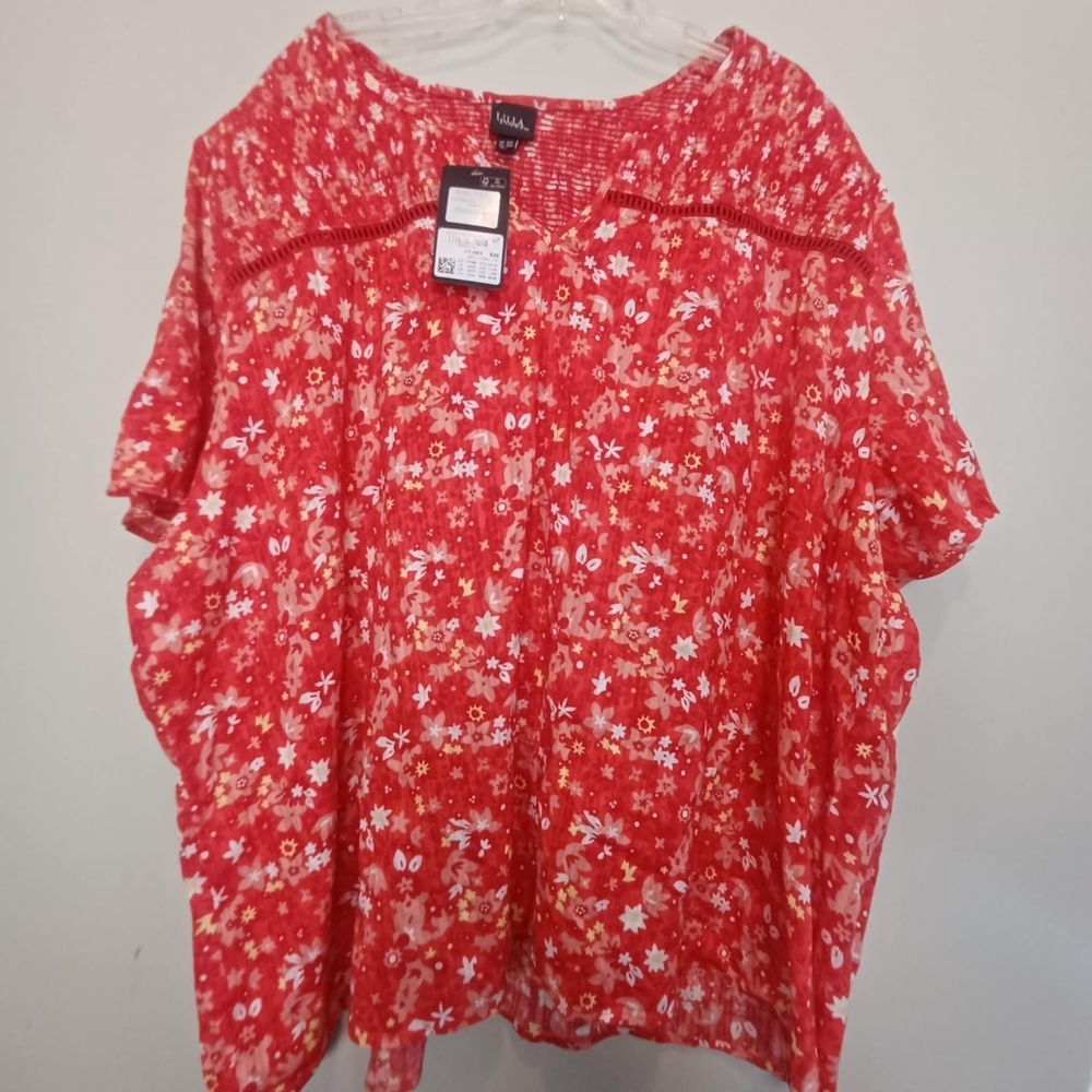 Ulla Popken Red/Wht Floral Tunic Top Womens US SZ 32/34 V-Neck Short Sleeve NWT